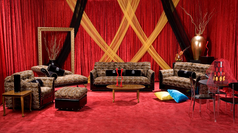 dramatic rental furniture displayed in rental showroom Las Vegas