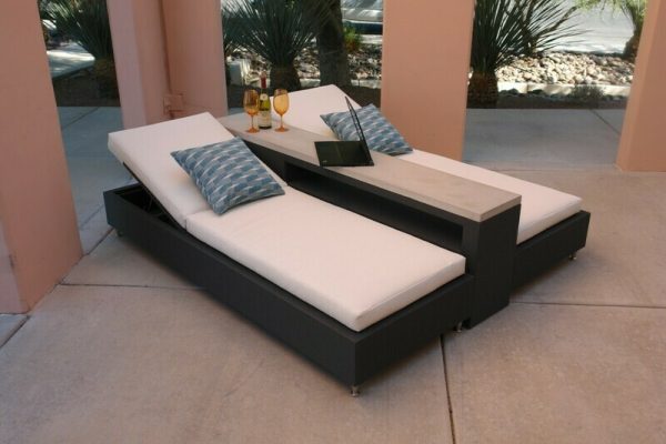 Resort Style 3 Piece Lounging Set-2 Adjustable Daybeds with Tight Seated Cushions and Concrete Lounger Table with Shelf